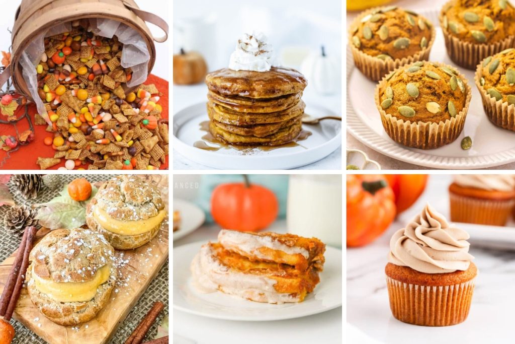 A collage of six pumpkin spice recipes including a snack mix, fluffy pancakes, muffins, cream puffs, French toast, and a frosted cupcake.