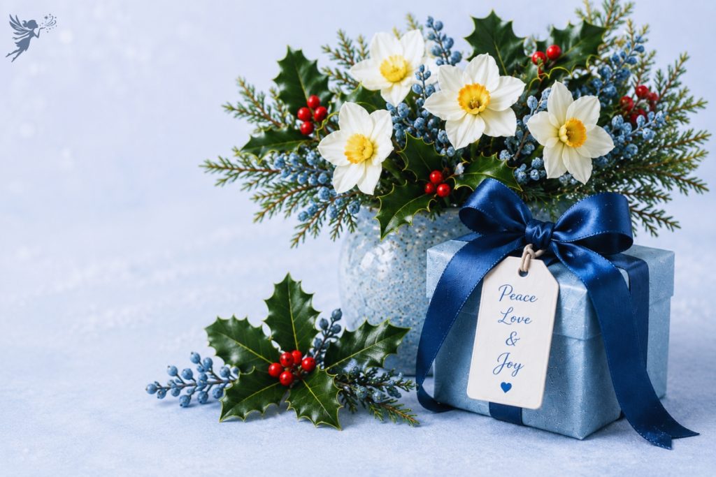 A blue gift box with a navy ribbon beside narcissus and holly flowers, representing thoughtful December birthday gift ideas.