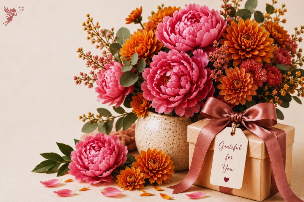 Pink peonies and orange chrysanthemums arranged in a speckled vase beside a ribbon wrapped gift box, perfect November birthday gift ideas for her.