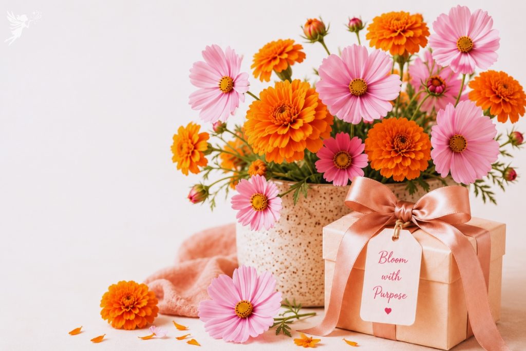 Vibrant orange marigolds and pink cosmos flowers in a speckled vase beside a ribbon wrapped gift box for October birthday gift ideas.