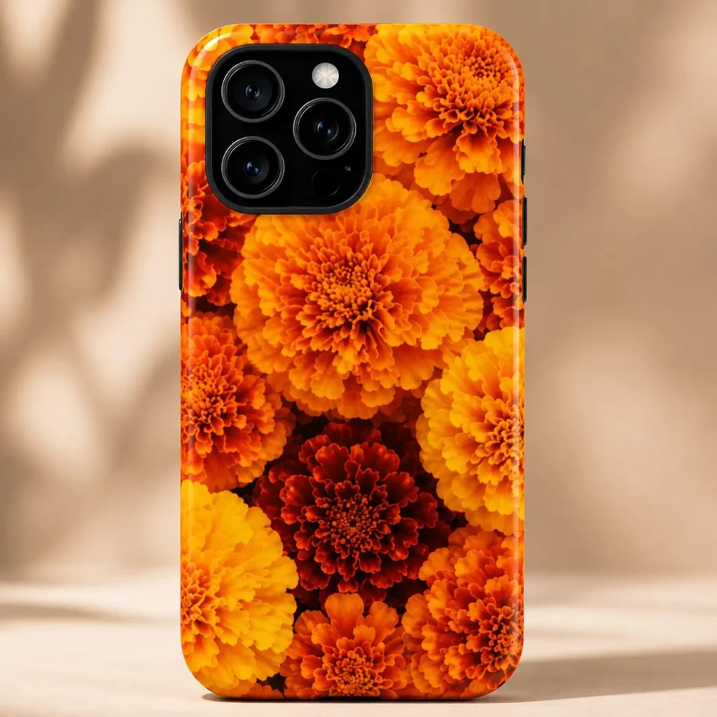 A phone case covered in a bold all over orange and red marigold flower pattern, a colorful and eye catching October birthday gift idea.