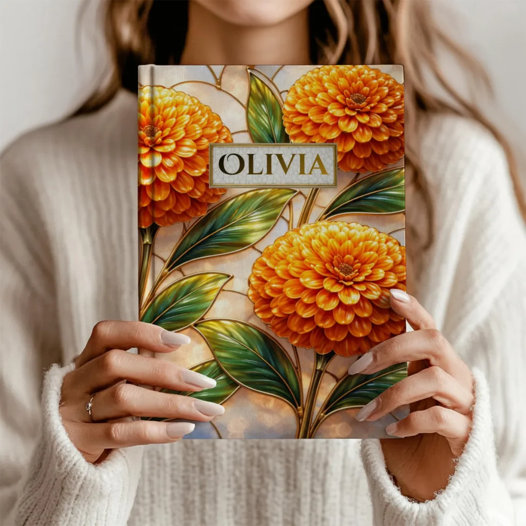 A woman holding a personalized hardcover journal featuring a vivid stained glass style orange marigold design, a stunning October birthday gift idea.