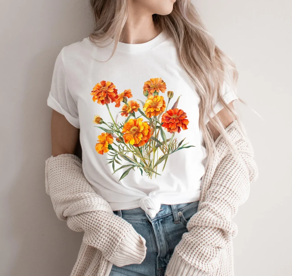 A woman wearing a white crew neck tee printed with a watercolor orange marigold botanical bouquet, a wearable and stylish October birthday gift idea.