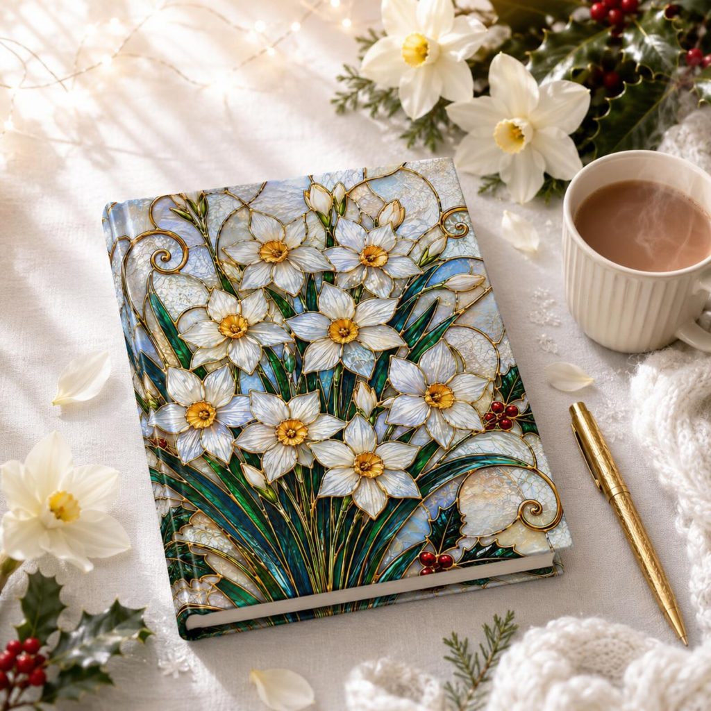 A hardcover narcissus stained glass design journal styled with holly and a gold pen, a stunning December birthday gift idea.