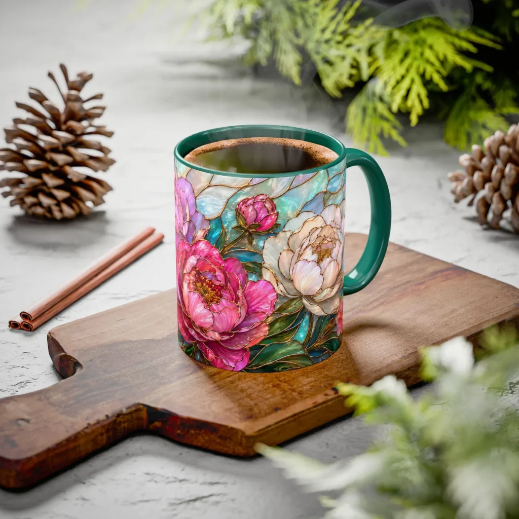 A teal handled ceramic mug featuring a vivid stained glass pink and white peony design on a wooden board, a stunning November birthday gift idea.