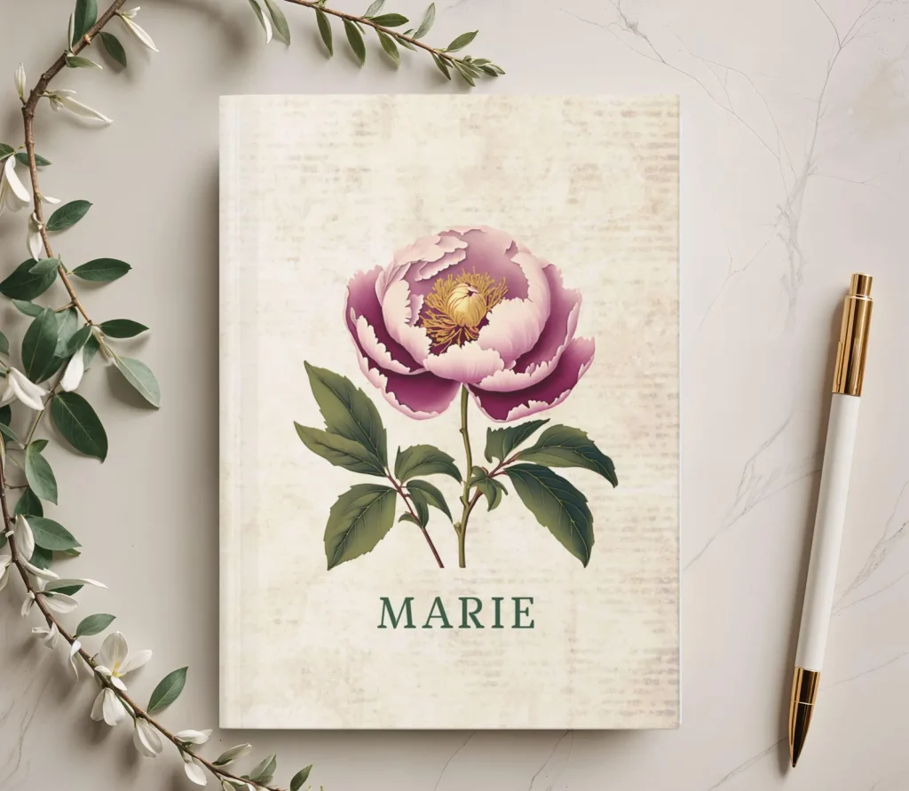 A personalized hardcover journal with a vintage botanical pink peony illustration on a linen texture background, an elegant November birthday gift idea.