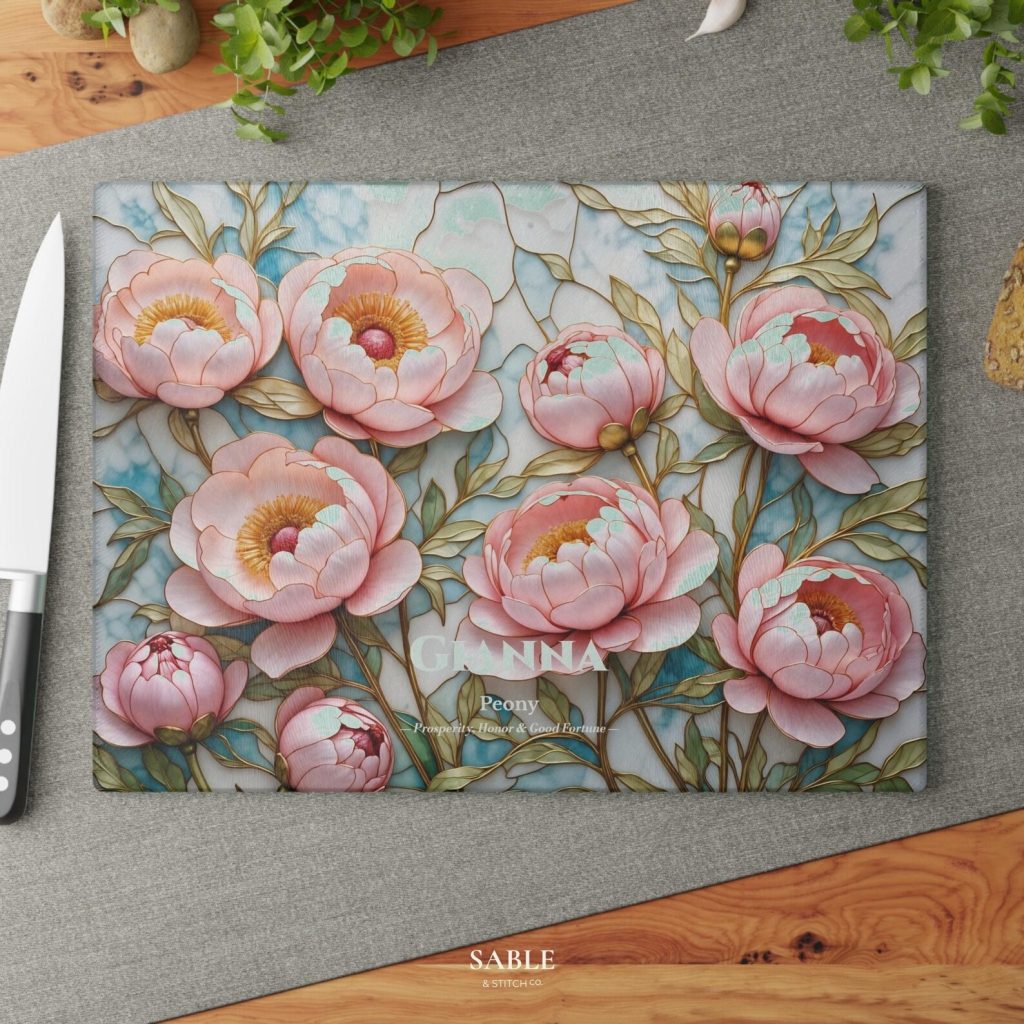 A personalized glass cutting board printed with a stained glass style pink peony garden design, a beautiful and functional November birthday gift idea.