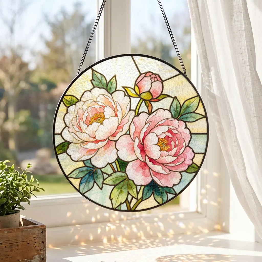 A round stained glass style peony suncatcher with pink and white blooms hanging in a sunlit window, a charming November birthday gift idea.