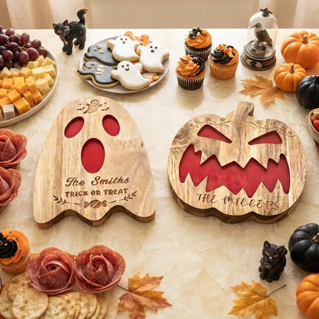 Personalized wooden ghost and jack-o-lantern serving boards on a Halloween party spread, ideal Halloween hostess gift ideas.