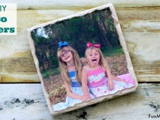 Tile coasters featuring cherished family photos arranged on a wooden surface, practical homemade gifts for grandparents.