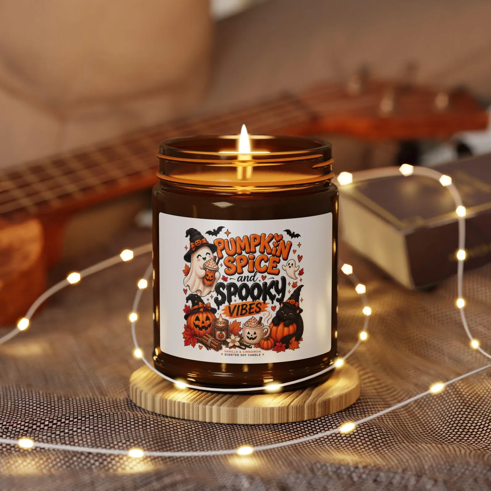 A vanilla and cinnamon scented soy candle with a spooky Halloween label, perfect for Halloween hostess gift ideas.