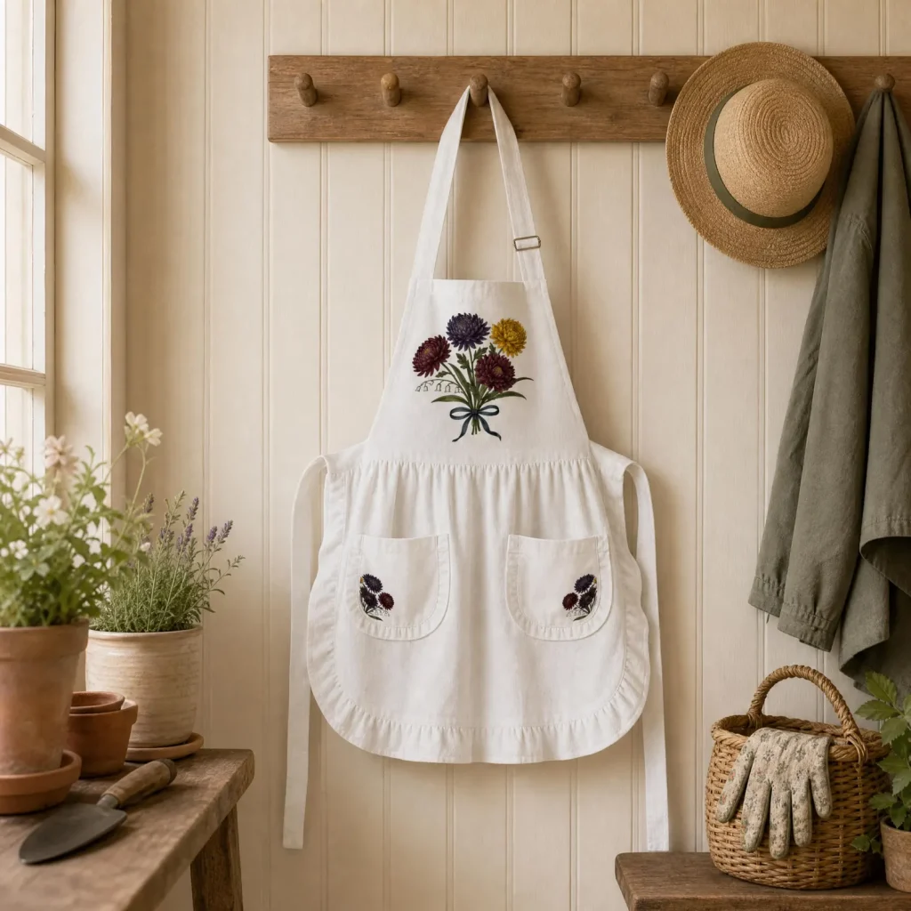 A white ruffled apron with a chrysanthemum bouquet embroidered at the chest and floral pocket accents, a charming and practical November birthday gift idea.