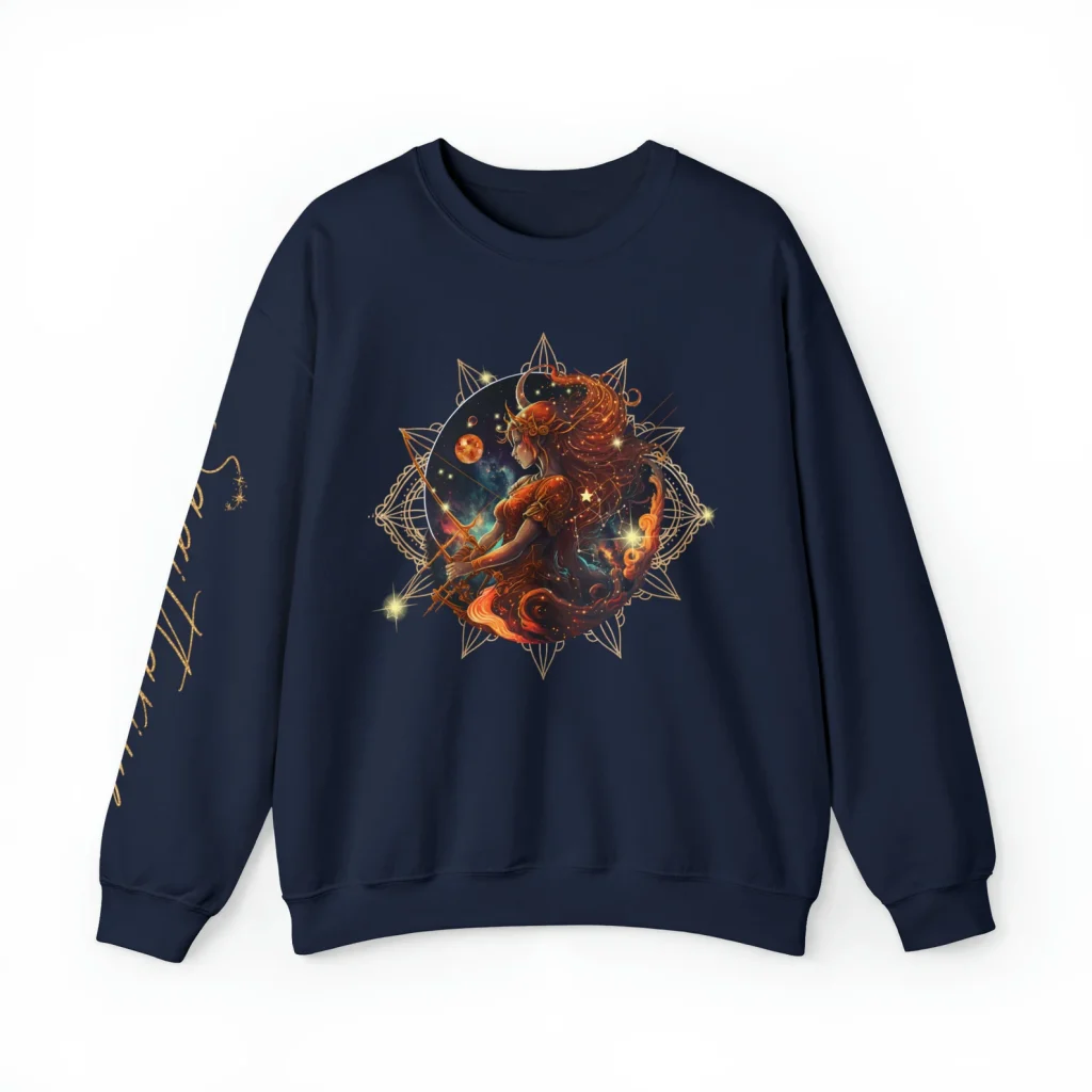 A navy blue crewneck sweatshirt featuring a vivid celestial archer illustration with gold sleeve lettering, a bold and cozy November birthday gift idea.