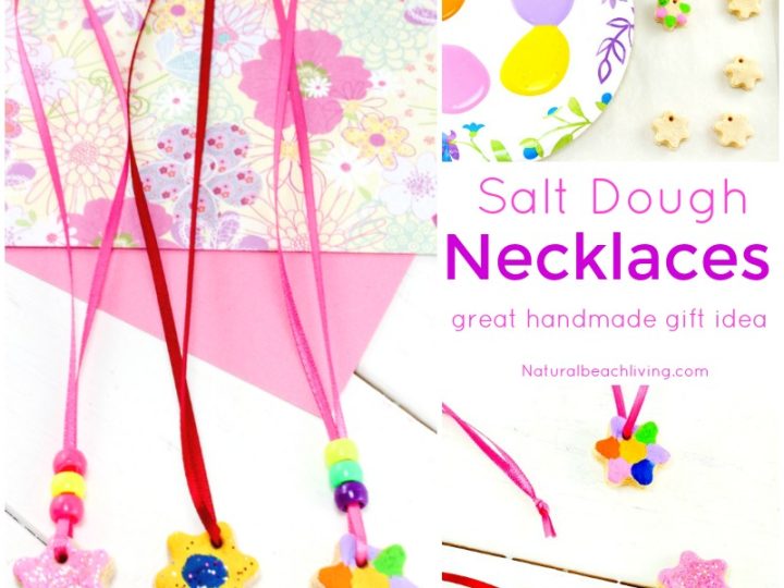 Colorful beaded salt dough necklaces in bright pink and yellow, fun wearable homemade gifts for grandparents made by kids.