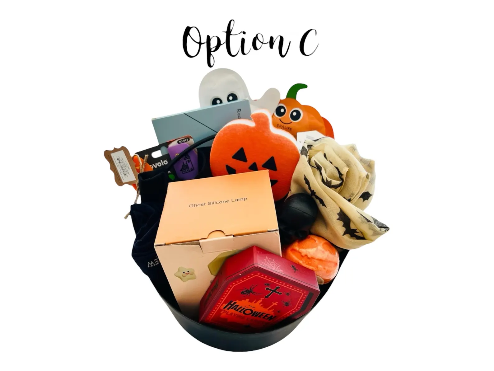 A black gift basket filled with a ghost lamp, pumpkin face mask, Halloween playing cards and spooky treats, great Halloween boo basket ideas for families.
