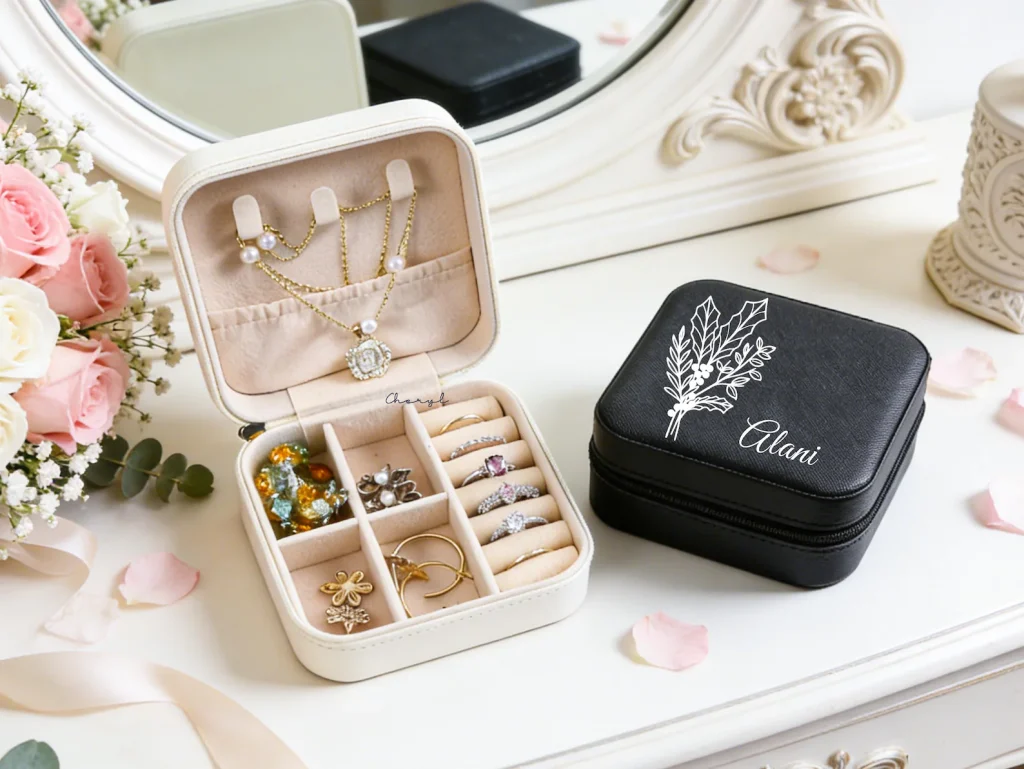 Two personalized travel jewelry boxes with birth flower engravings, a practical and thoughtful December birthday gift idea.