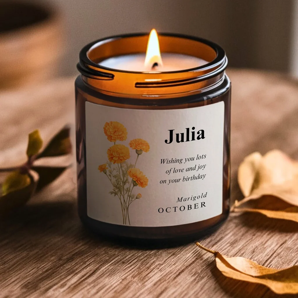 A lit amber jar candle with a personalized marigold botanical label on a rustic wooden surface, one of the most heartfelt October birthday gift ideas.