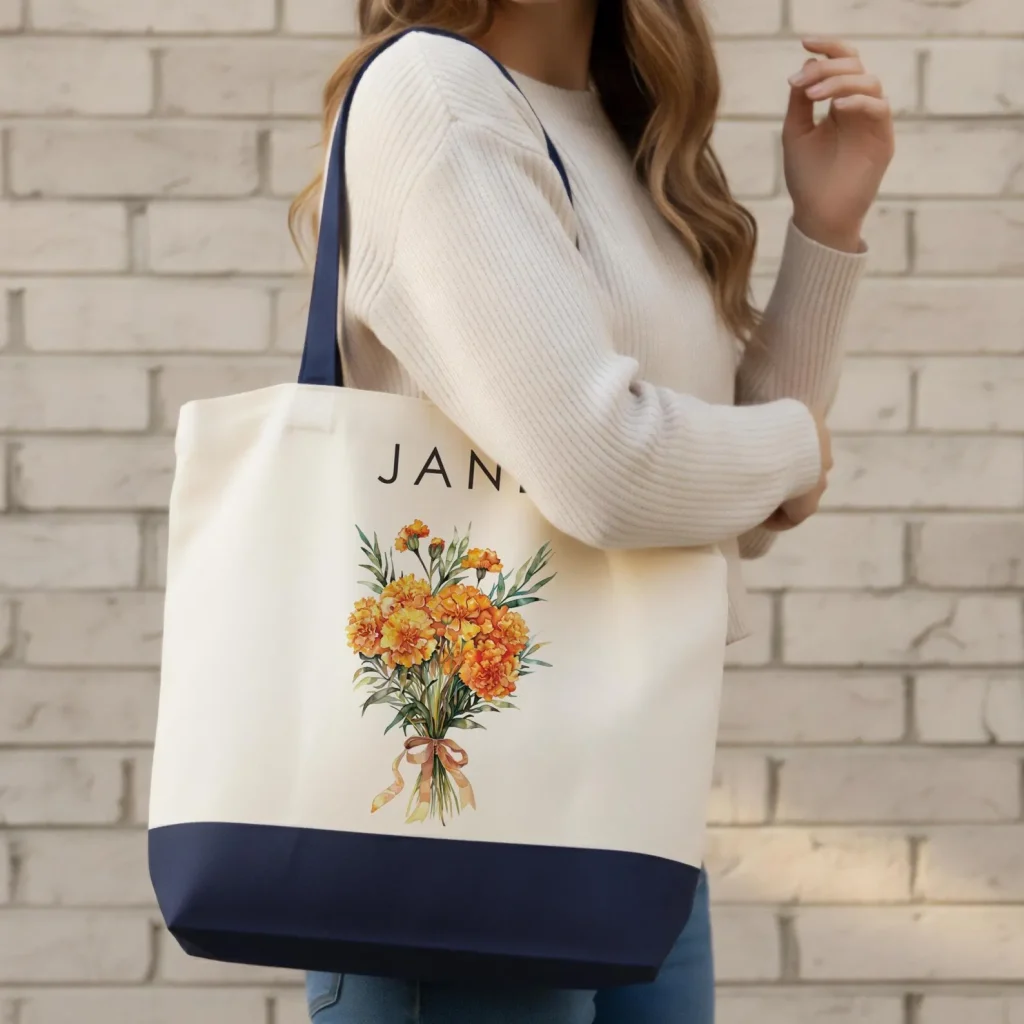 A woman carrying a cream and navy canvas tote bag printed with a watercolor orange marigold bouquet, a stylish and practical October birthday gift idea.