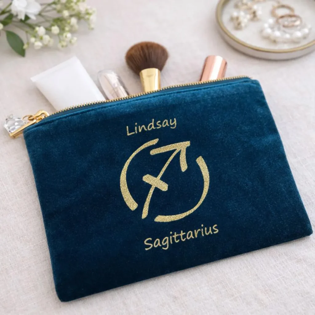 A teal velvet makeup bag with a gold Sagittarius zodiac symbol and personalized name, a luxurious and practical November birthday gift idea.