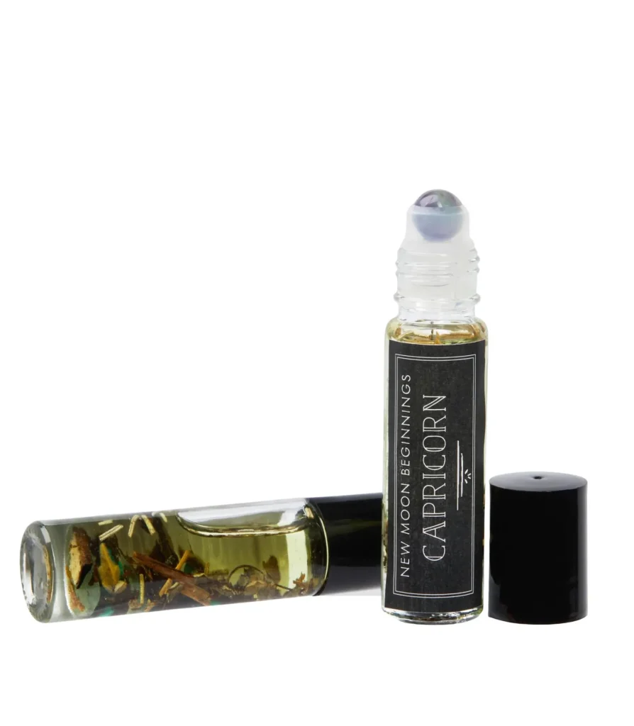 A Capricorn crystal roller perfume oil with botanicals inside, a unique and meaningful January birthday gift idea.