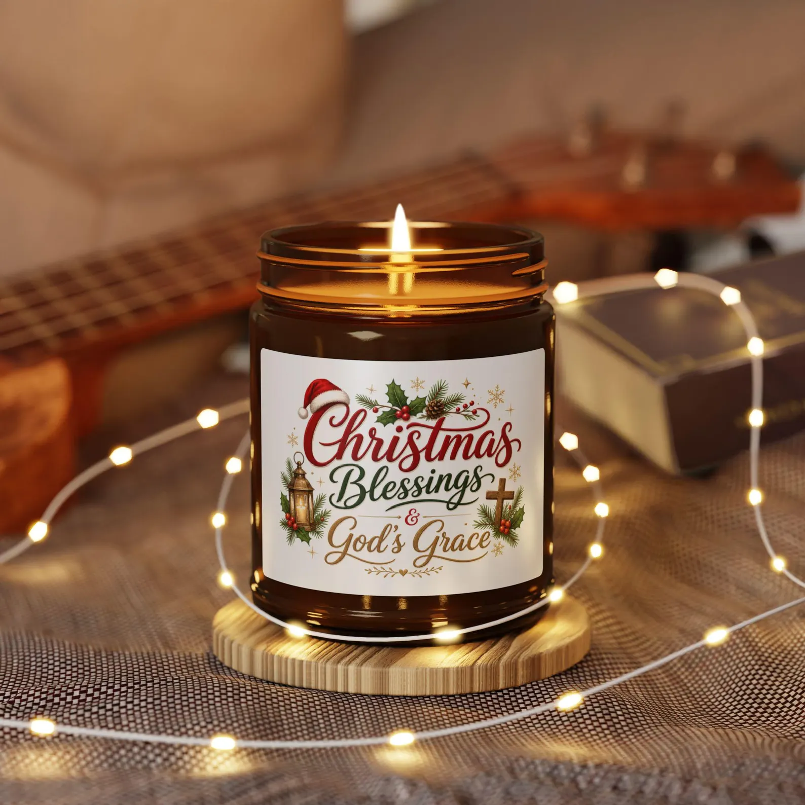 Amber jar candle with Christmas Blessings and God's Grace label, a thoughtful neighbor Christmas gift idea with warm holiday glow.