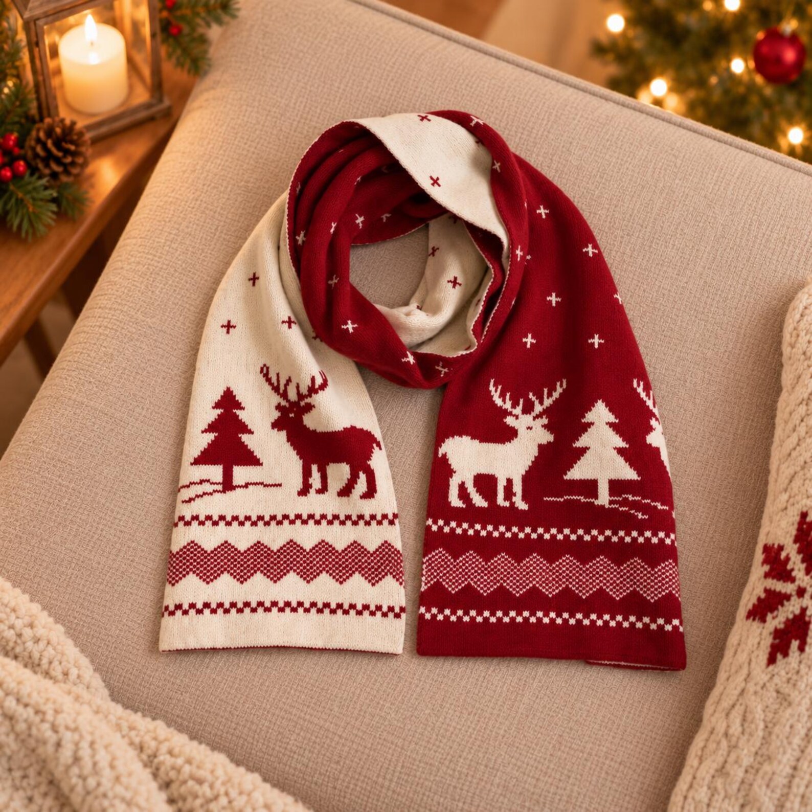 Red and cream knit scarf with reindeer and Christmas tree pattern on a cozy chair, charming neighbor Christmas gift ideas for winter.