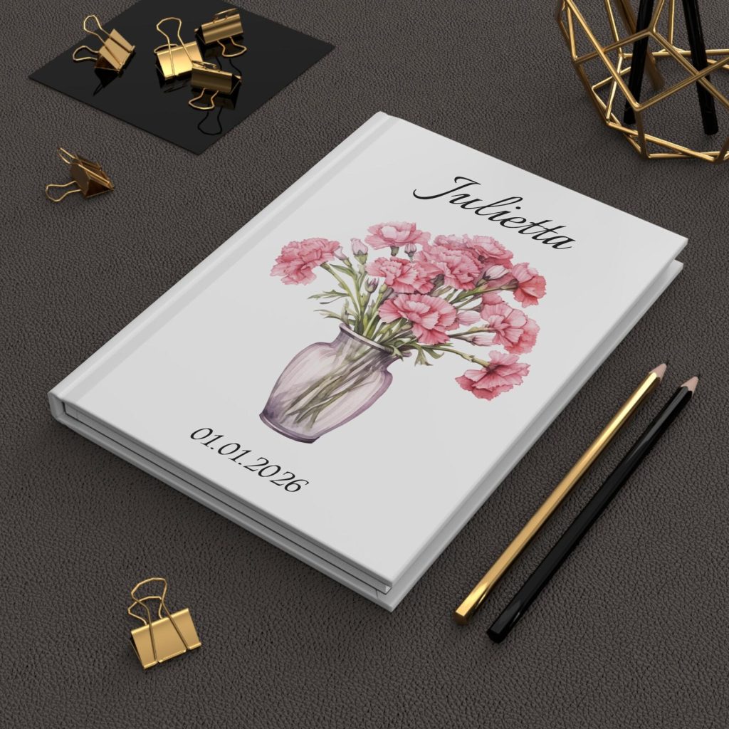 A personalized hardcover journal with a watercolor pink carnation vase and custom name and date, a thoughtful January birthday gift idea.
