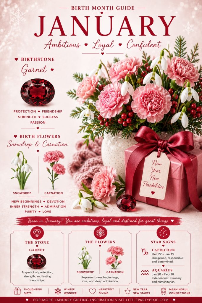 A January birth month guide infographic showing garnet birthstone, snowdrop and carnation birth flowers, and Capricorn and Aquarius star signs for January birthday gift ideas.