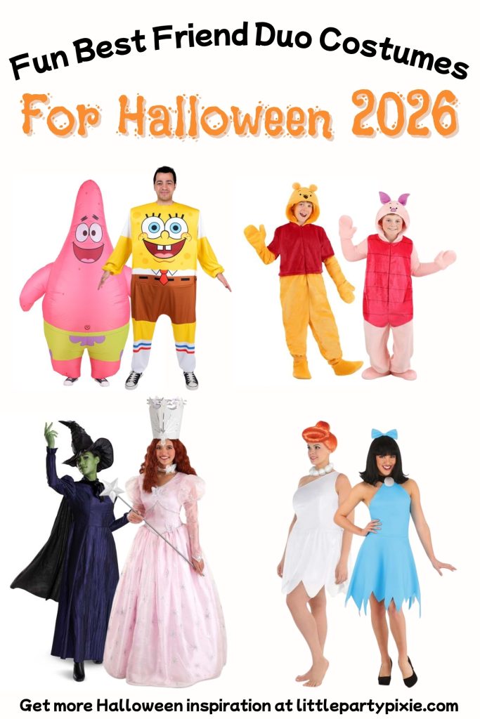 collage of best friend duo costumes for Halloween featuring sponge bon and patrick, winnie the poo and piglet, wicked and flintstones