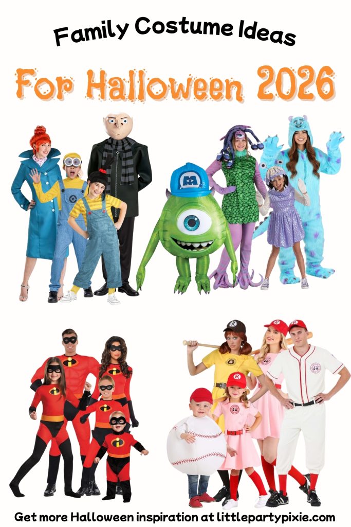 collage of family halloween costumes depicting the Minions. Monsters Inc, the Incredibles and A League of their own