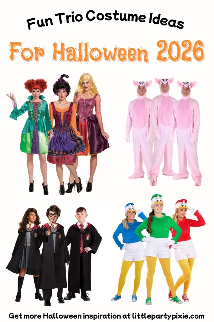 collage halloween costume ideas for groups of three with Hocus Pocus, Threee little pigs, harry Potter and ducktales.