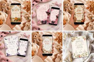collage of fall baby shower invites in different formats digital baby shower designs and flatlay paper invites on fall and Halloween themed backgrounds