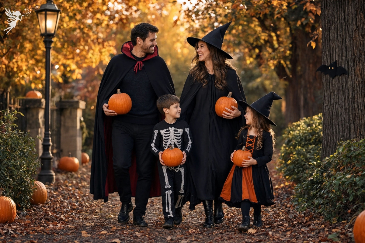 family of 4 in Halloween costumes