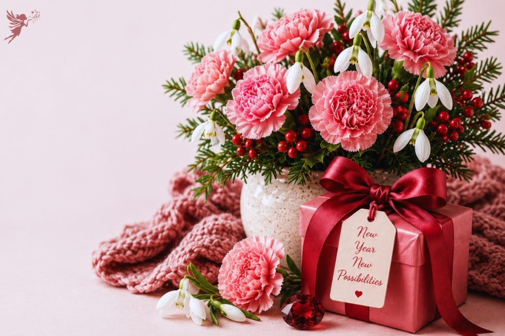 A pink gift box with a red ribbon beside a vase of carnations, snowdrops and winter greenery, representing thoughtful January birthday gift ideas.