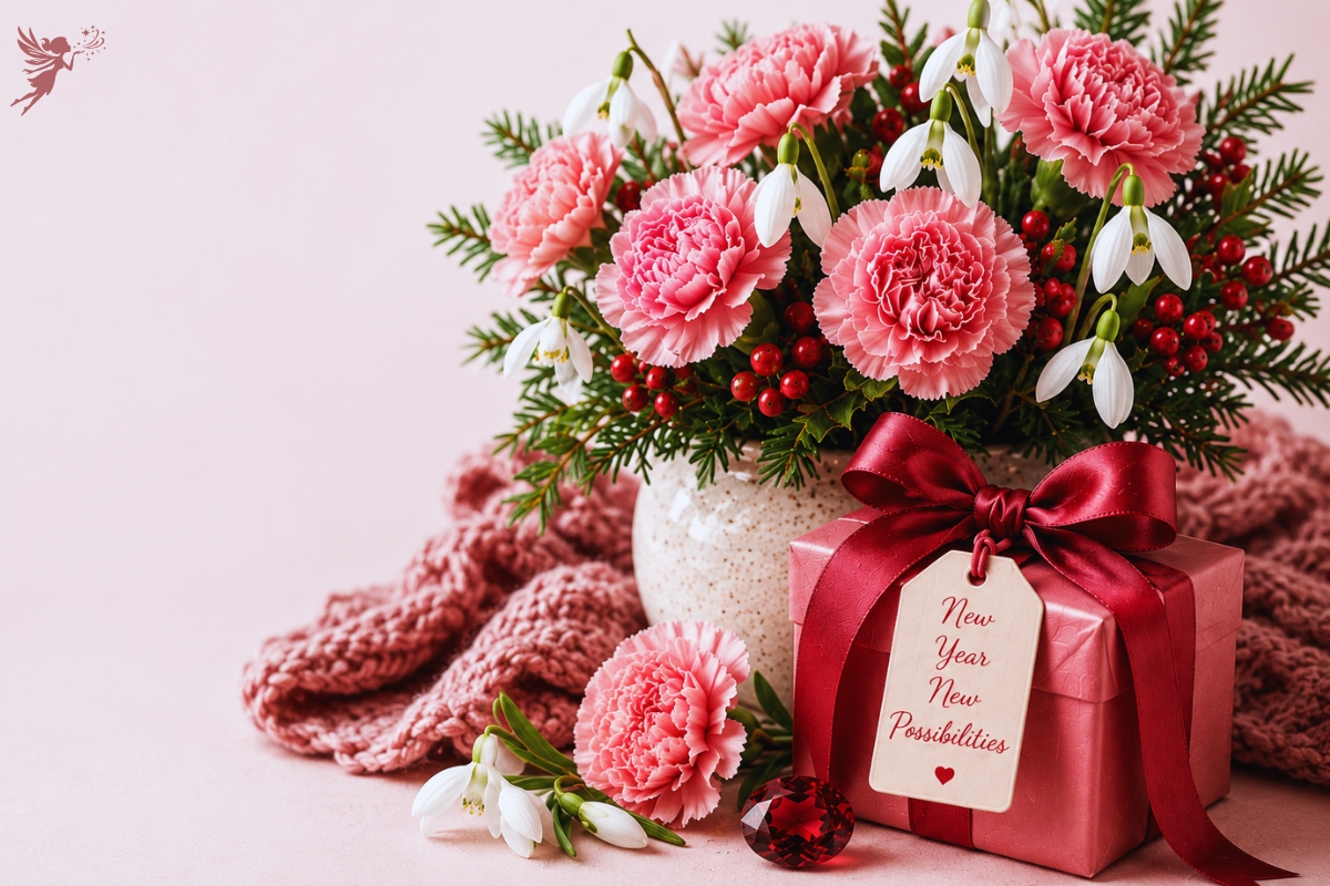 A pink gift box with a red ribbon beside a vase of carnations, snowdrops and winter greenery, representing thoughtful January birthday gift ideas.