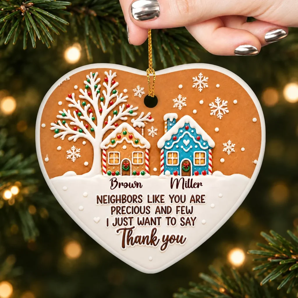 Heart shaped ceramic ornament with two gingerbread houses and personalized neighbor thank you message, heartwarming neighbor Christmas gift ideas for next door.