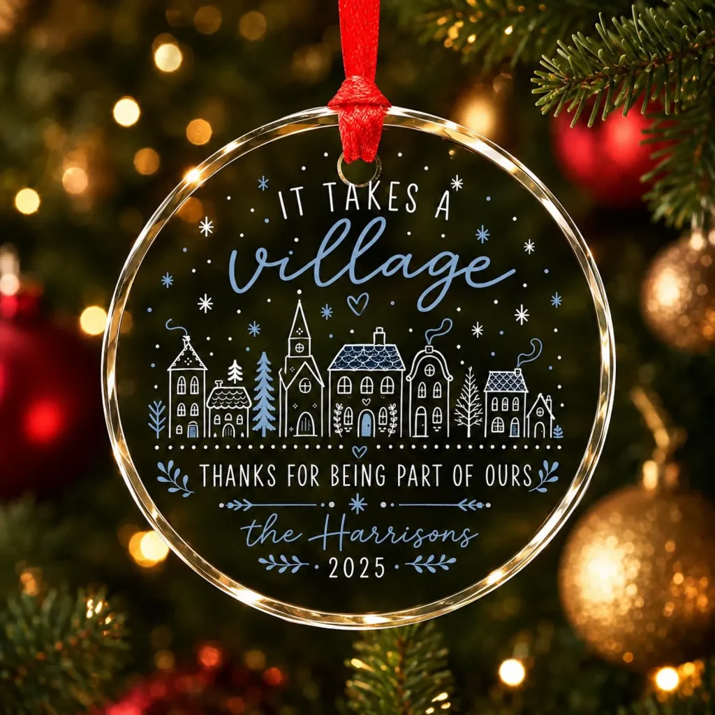 Round acrylic It Takes a Village ornament personalized with family name and year on red ribbon, sentimental neighbor Christmas gift ideas for the holidays.