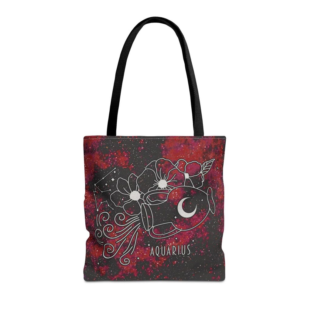 A dark red galaxy print Aquarius tote bag with floral constellation artwork and black handles, a bold January birthday gift idea.
