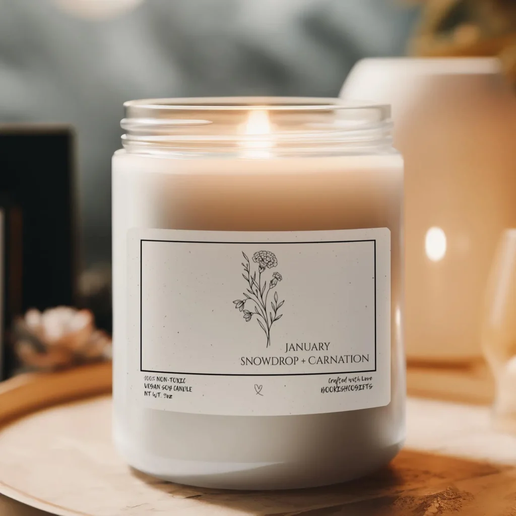 A white vegan soy candle with a minimal snowdrop and carnation birth flower label, a clean and elegant January birthday gift idea.
