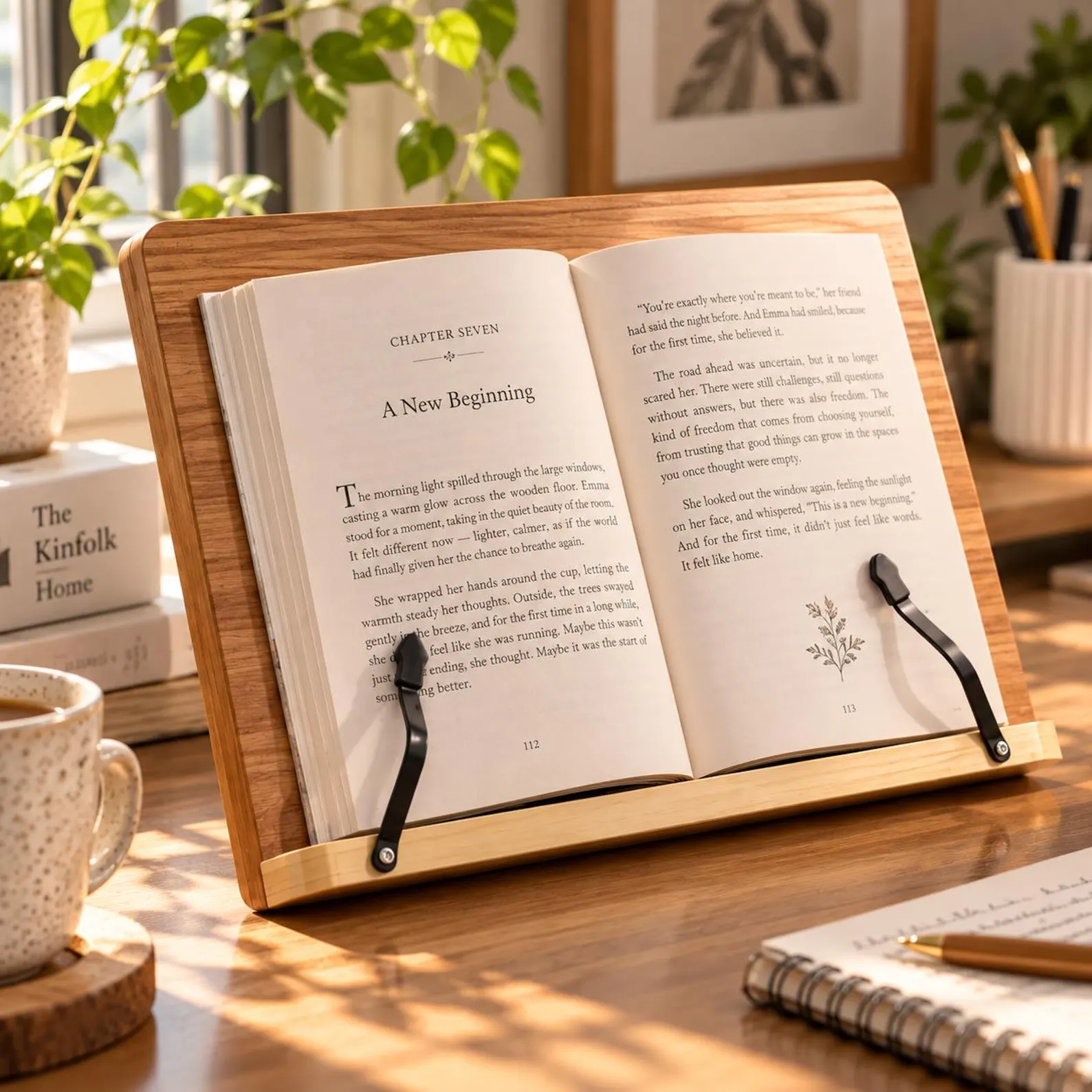 Solid wood adjustable book stand holding an open novel on a sunlit reading desk beside a coffee mug and journal, a practical and gorgeous book club squad gifts any reader will use daily.