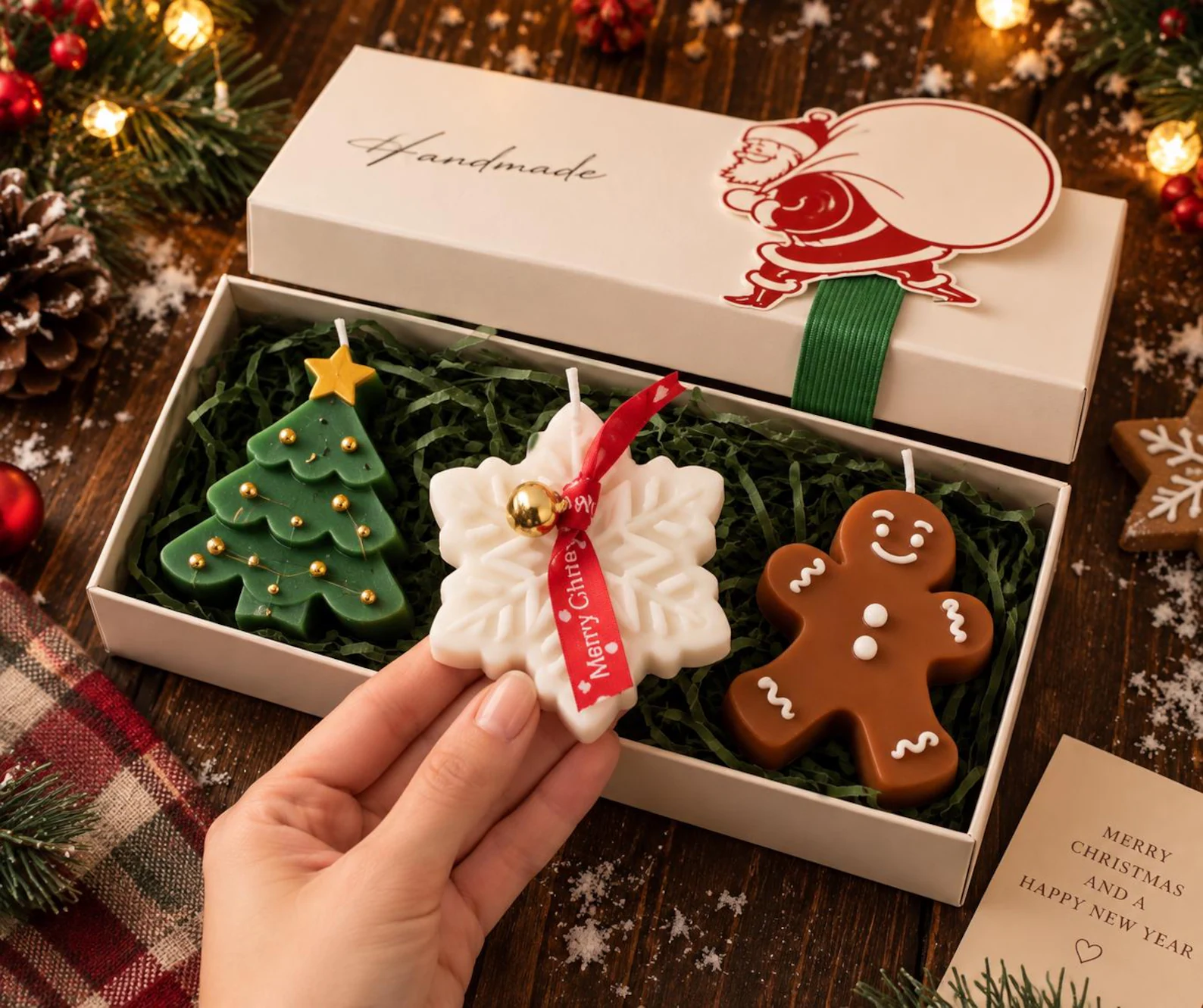 Handmade Christmas tree, snowflake and gingerbread man candle set in a Santa gift box with green crinkle paper, charming and beautifully crafted Christmas party favors guests will want to display at home.