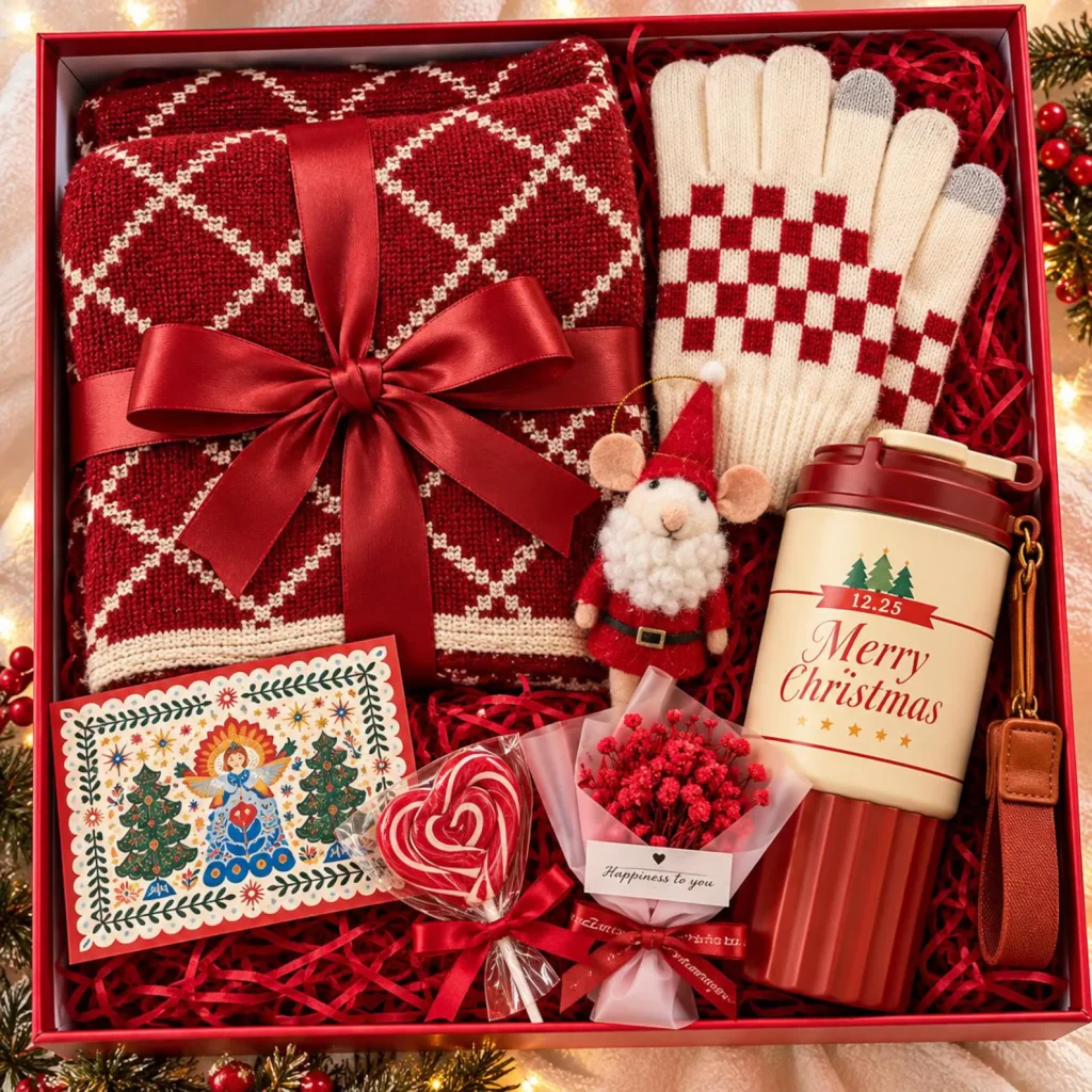 Red Christmas gift box filled with a knit blanket, checkered gloves, Merry Christmas tumbler, Santa mouse ornament, heart lollipop and dried flower bouquet, a wonderfully cozy and festive Christmas hostess gift ideas she will treasure.
