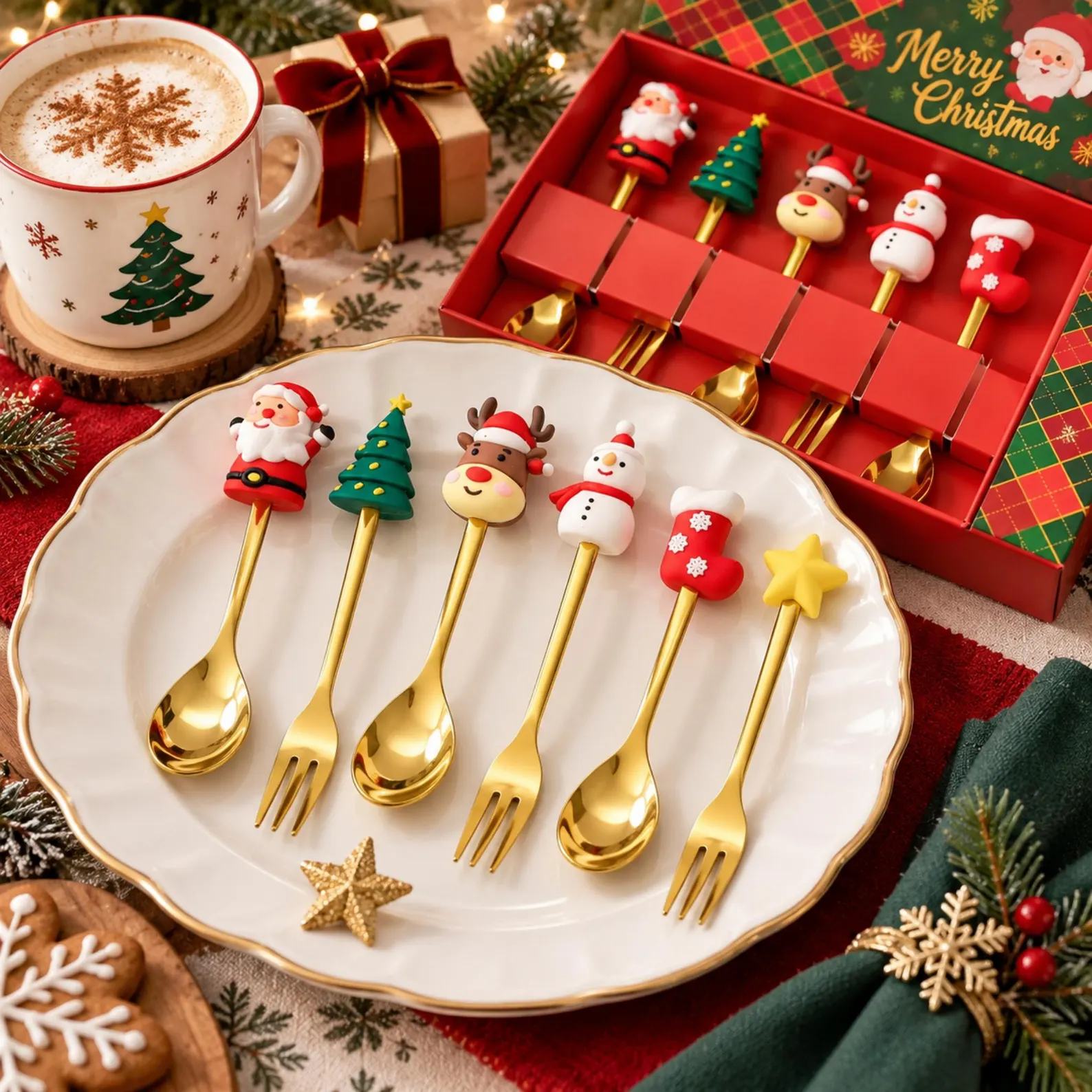 Gold Christmas dessert spoon and fork set with Santa, reindeer, snowman and Christmas tree character toppers displayed on a white plate with festive red gift box, delightful and table ready Christmas hostess gift ideas for the entertainer who loves pretty details.