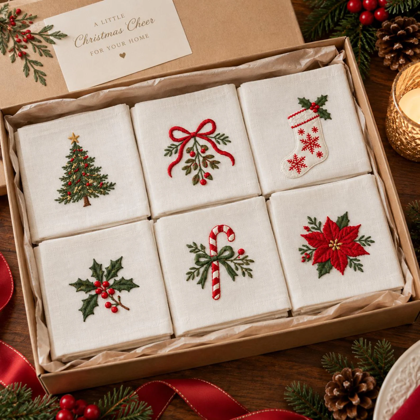 Six piece embroidered linen cocktail napkin set featuring Christmas tree, holly, candy cane, poinsettia, stocking and ribbon motifs in a kraft gift box, a refined and thoughtful Christmas hostess gift ideas she will bring out every holiday season.