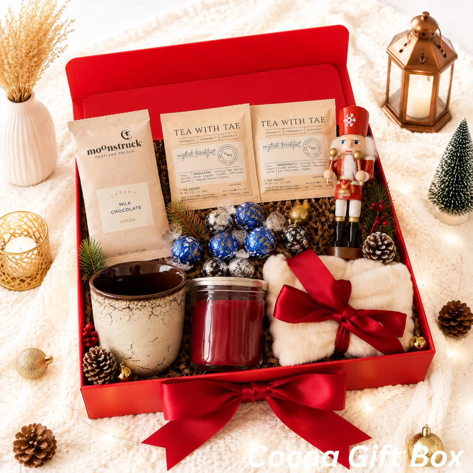 Luxurious red cocoa gift box filled with Moonstruck hot chocolate, Tea with Tae sachets, Lindt truffles, ceramic mug, red candle, fuzzy socks and a nutcracker figurine, an indulgent and beautifully curated Christmas hostess gift ideas she will absolutely love unwrapping.