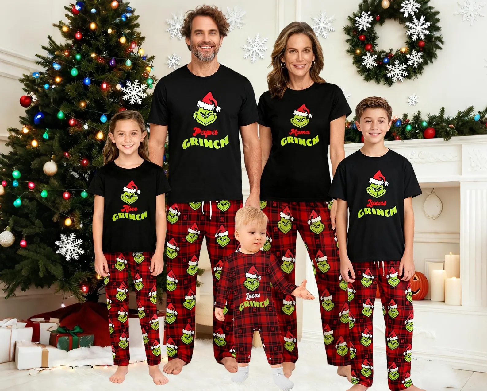 Smiling family wearing personalized Papa, Mama and kids Grinch matching black tops with red plaid Grinch print pants, adorable coordinating Grinch party outfit idea for the whole family.