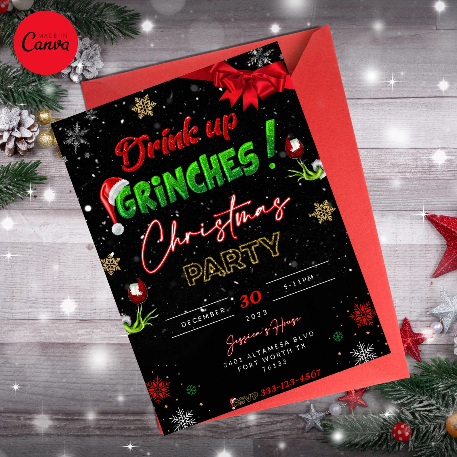 Bold black and green Drink Up Grinches Christmas party invitation with red envelope and snowflake details, a festive and funny Grinch party essential for holiday entertaining.