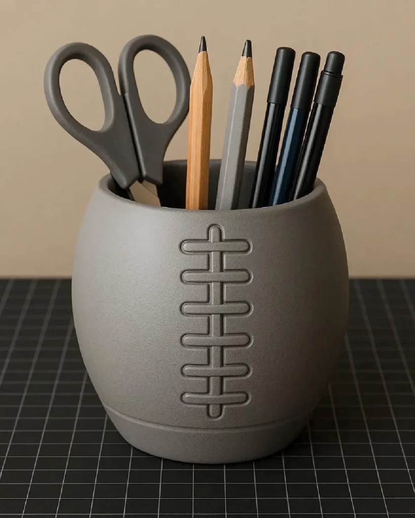 Gray ceramic football shaped desk pencil holder with lace detail holding scissors and pens, a sporty and practical male teacher appreciation gift ideas any sports loving educator will enjoy.