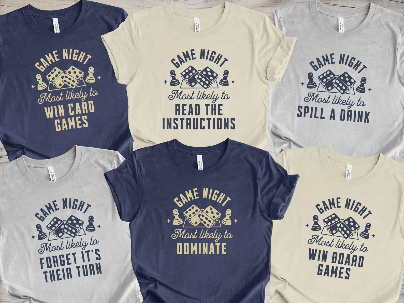 Six Game Night Most Likely To matching t-shirts in navy and cream with funny titles like Dominate, Spill a Drink and Forget It’s Their Turn, a hilarious and crowd pleasing gift for the board game loving family who owns every game night.