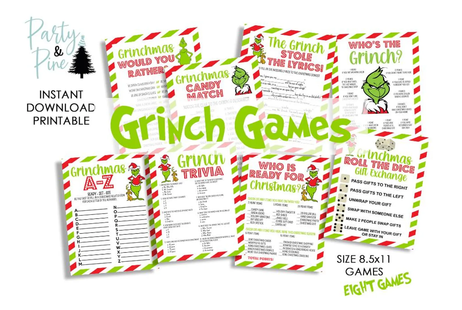 Eight printable Grinchmas party games bundle including Would You Rather, Trivia, Candy Match and Roll the Dice gift exchange on red and green striped cards, instant download Grinch party fun for everyone.